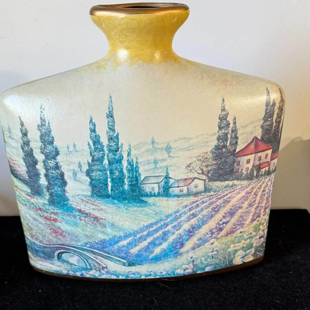 Country Side Farm Scene Vase Oblong Flattened Purple Flowers Lavender